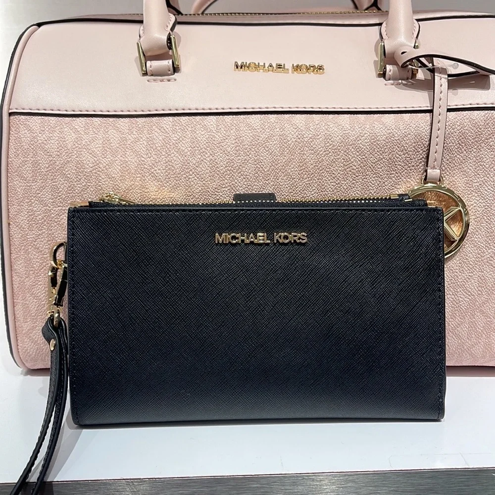 MICHAEL KORS LARGE DOUBLE ZIP WRISTLET WALLET PHONE CASE CLUTCH Black
